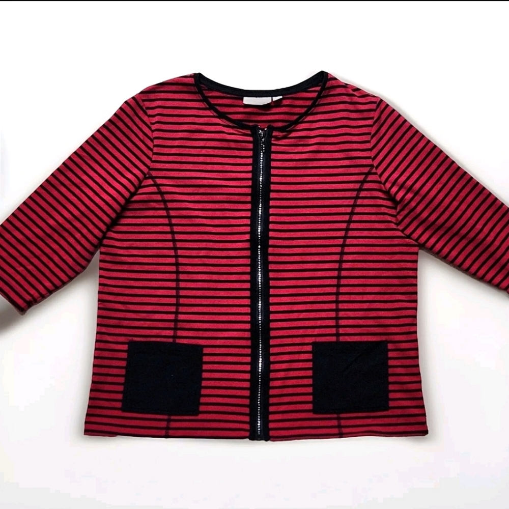 Quacker Factory Lightweight Striped Cotton Blend Jacket Size L Color Black & Red